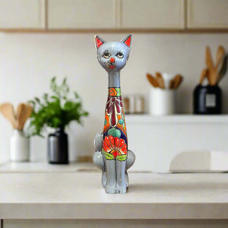 Mexican Handmade Talavera Cat Statue | Cultural Artwork (19.5" Tall) - hand-painted colorful Talavera ceramic cat sculpture for home decor