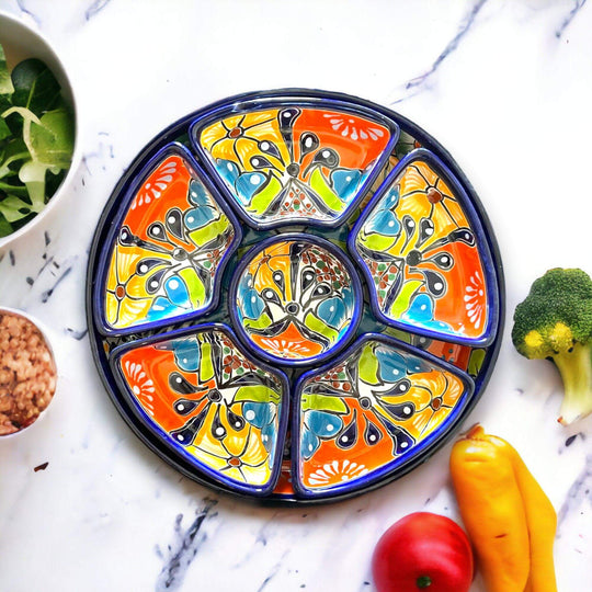 Talavera Appetizer Tray Set | Mexican Hand Painted Pottery - vibrant hand-painted floral platter in orange, blue, yellow and green