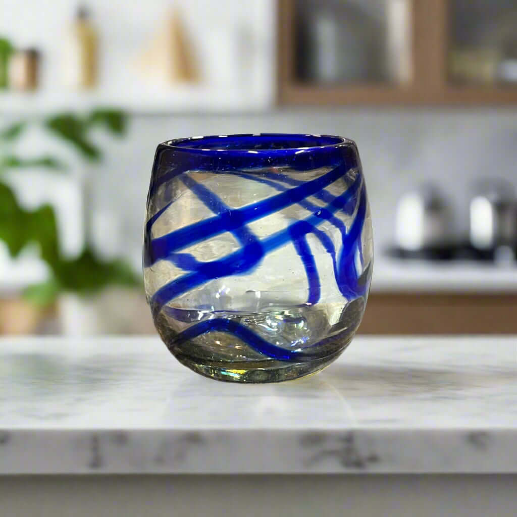 Mexican Stemless Wine Glass - Blue Swirl Design