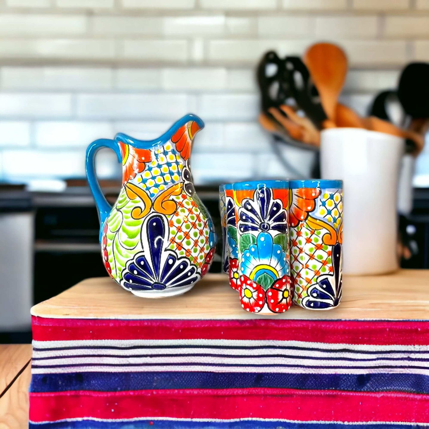 Handmade Talavera Pitcher & Cup Set | Mexican Art