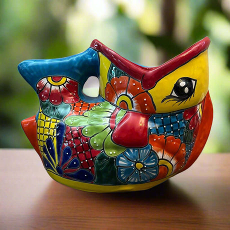 Rare XL Talavera Fish Planter | Hand-Painted Mexican Statue Pottery - hand-painted colorful Talavera fish planter from Guanajuato, lead-free glaze
