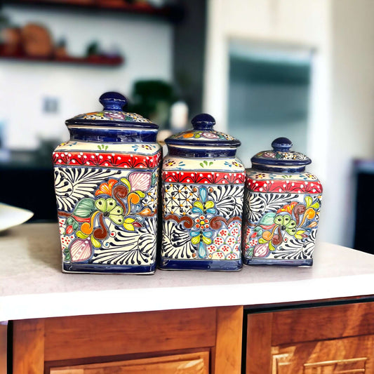 Set of 3 Dark Blue Talavera Canisters