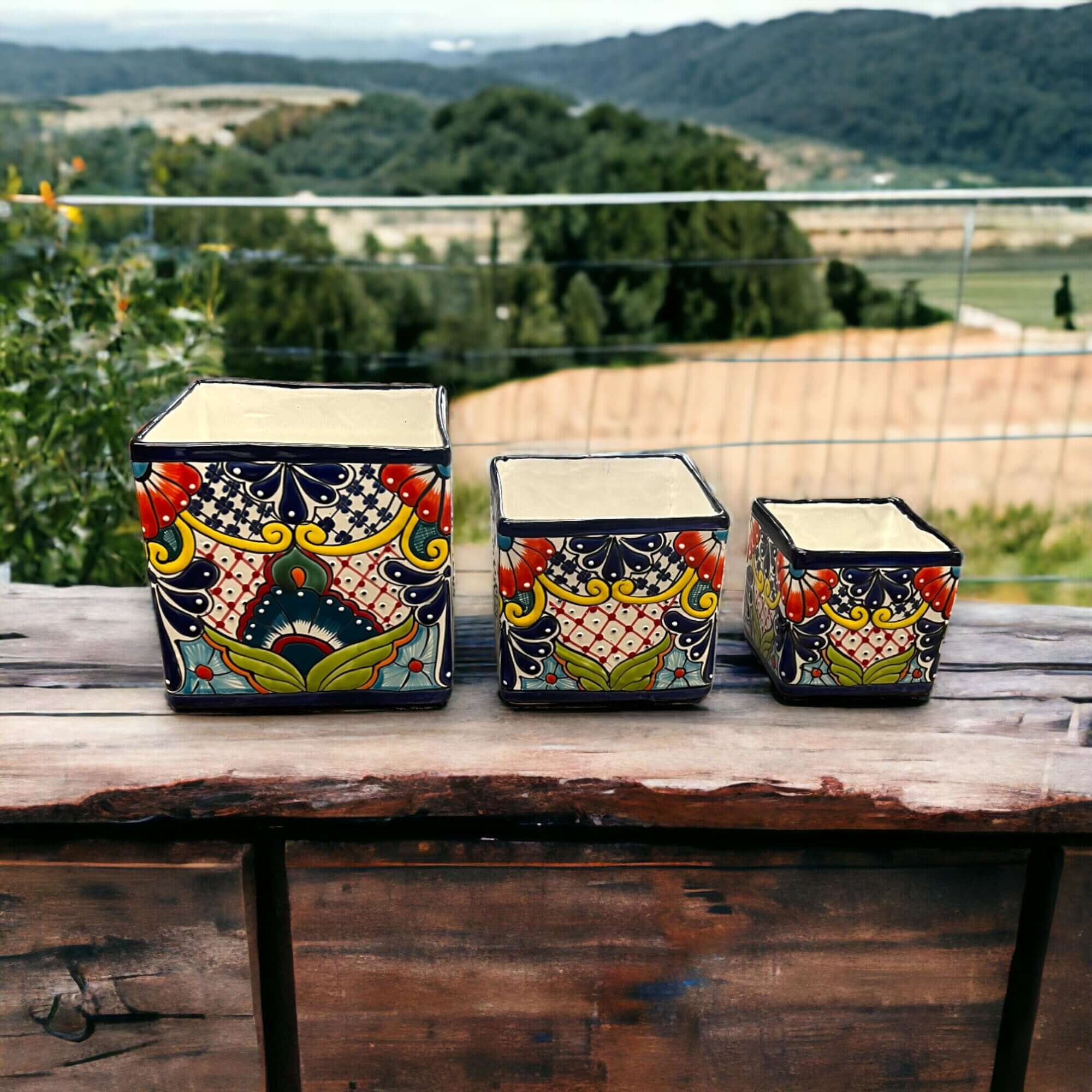 Hand-Painted Talavera Planters Set - 3 Pieces