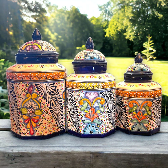 Talavera Canister Set | Colorful Handcrafted Mexican Kitchen Jars - hand-painted multicolor Talavera pantry canisters