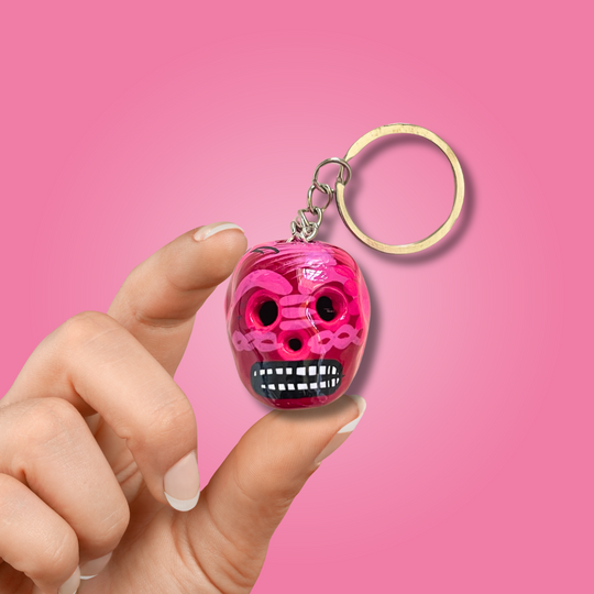 Hand-Painted Mini Sugar Skull Floral Keychain - Mexico