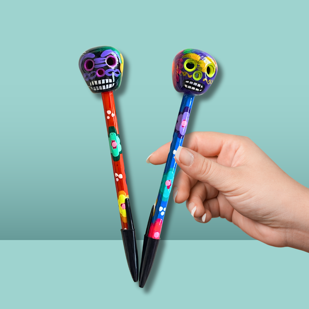 Hand-Painted Sugar Skull Ceramic Floral Pen - Unique Mexican Design - Mexico