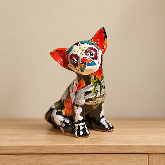 Talavera Chihuahua statue, same product and camera angle with an edited beige background