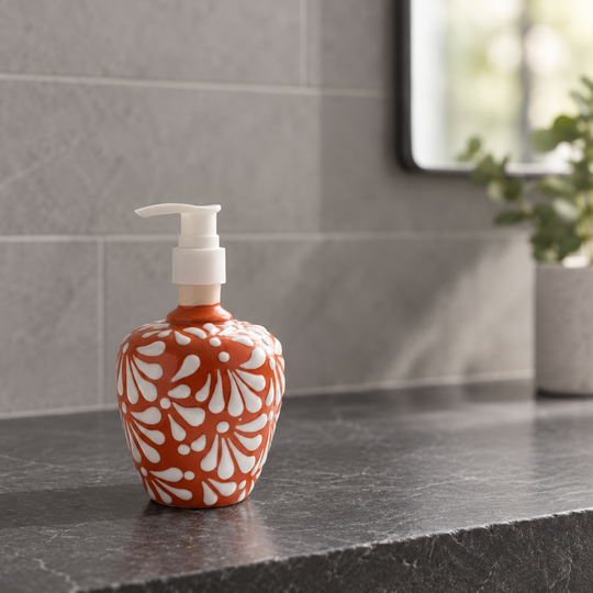 Talavera ceramic floral soap dispenser shown against an AI-edited slate and tile background; supplemental lifestyle image.