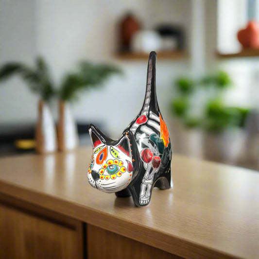 Talavera Cat Statue - Hand-Painted Day of the Dead Art