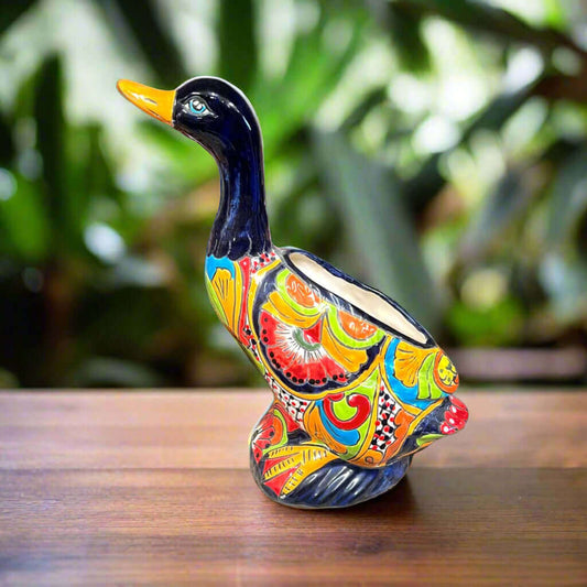 Talavera Duck Planter | Colorful Hand-Painted Mexican Ceramic Art - glossy multicolor floral duck-shaped planter, handcrafted in Guanajuato, Mexico