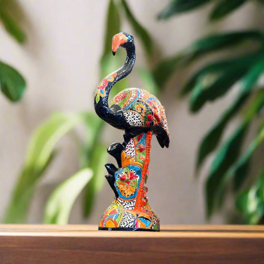 Talavera Flamingo Statue | Hand-Painted Mexican Ceramic Bird Art - vibrant hand-painted Talavera flamingo sculpture with floral and geometric patterns