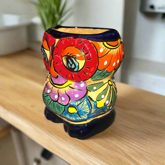 Talavera Owl Planter | Double-Faced Hand-Painted Pottery — hand-painted cobalt orange lime sky-blue floral owl ceramic planter