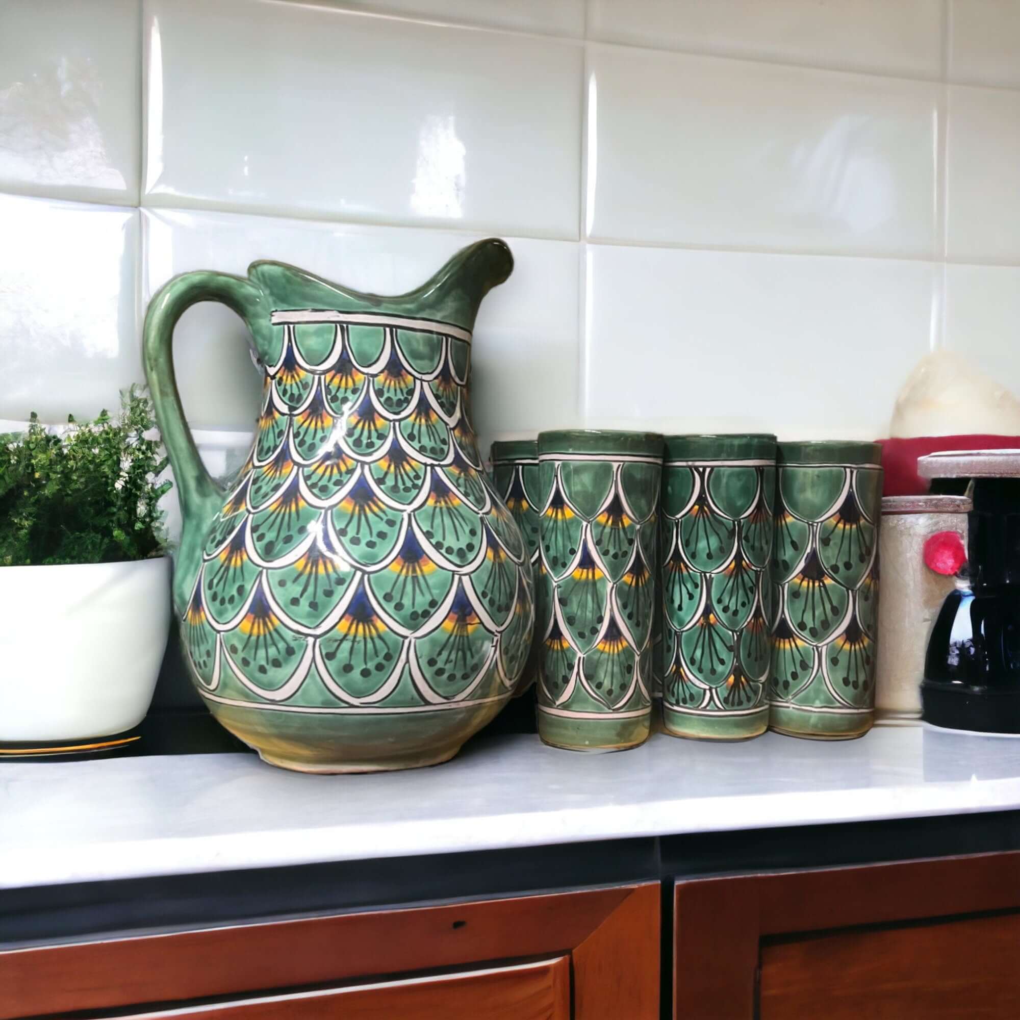 Talavera Peacock Pitcher & Cup Set | Artisan Crafted