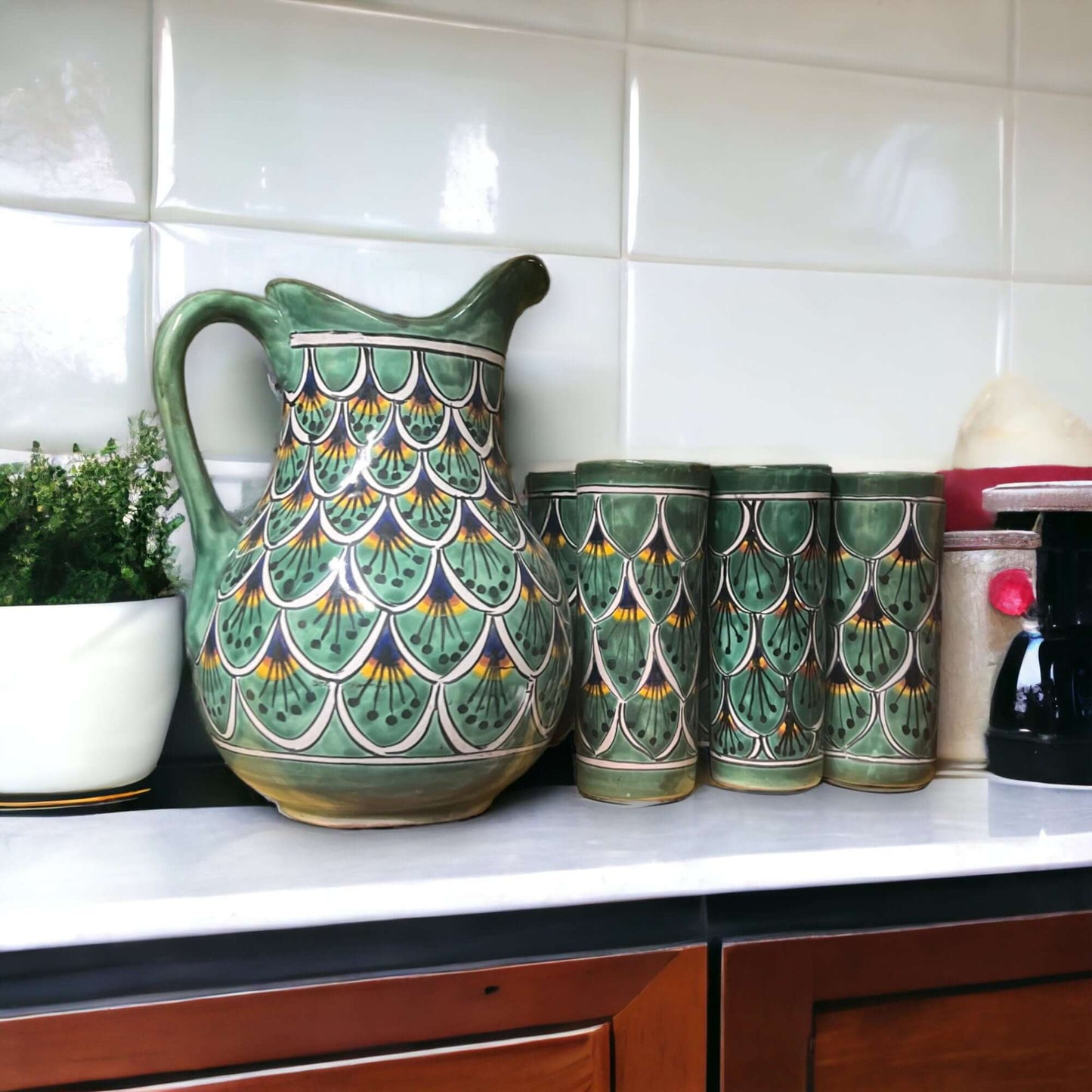 Talavera Peacock Pitcher & Cup Set | Artisan Crafted