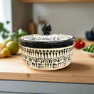 Black Talavera Tortilla Warmer | Handmade Puebla Ceramic Dish — hand-painted black-and-cream Talavera ceramic tortilla warmer with lid
