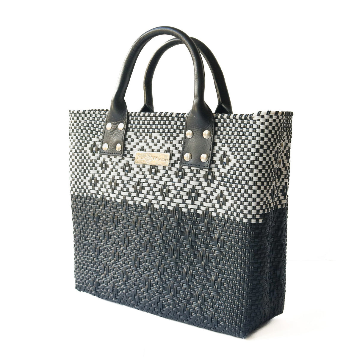Black Large Woven Crossbody Bag - Black Leather