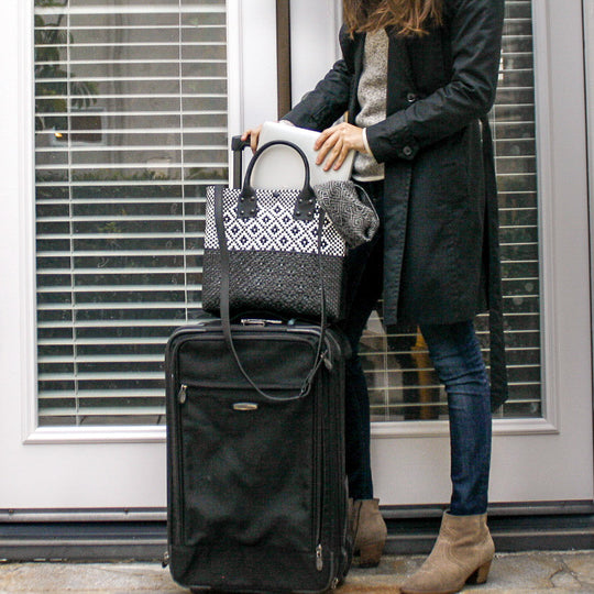 Black Large Woven Crossbody Bag - Black Leather
