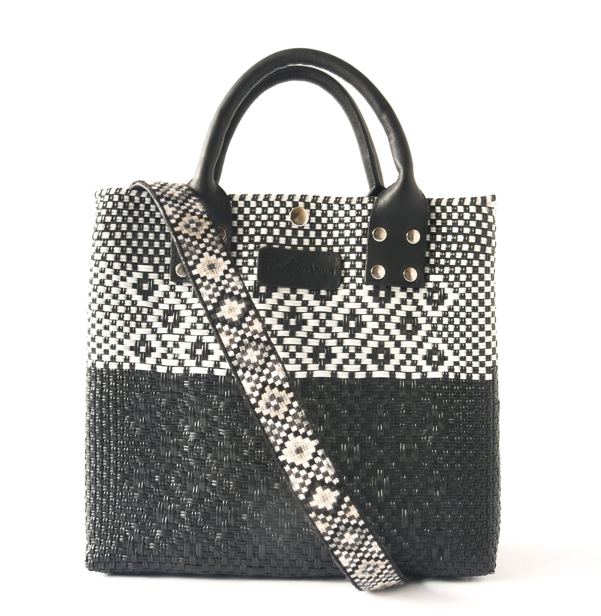 Black Large Woven Crossbody Bag - Black Leather