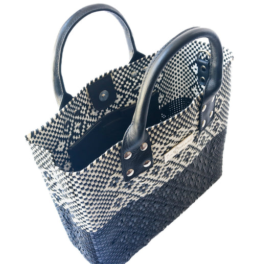 Black Large Woven Crossbody Bag - Black Leather