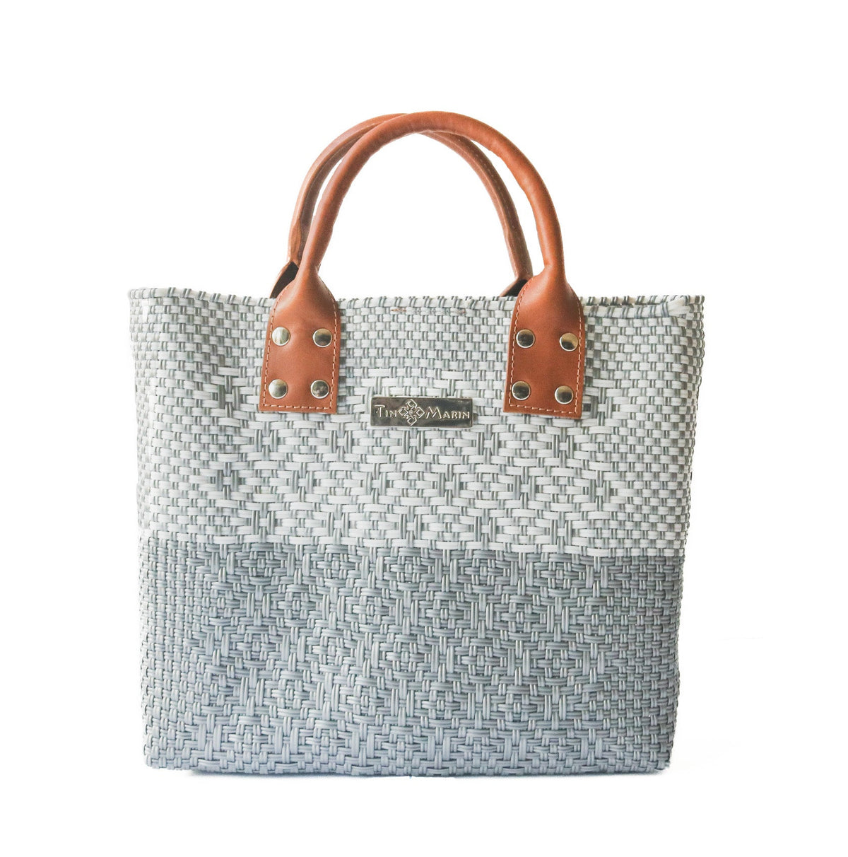 Grey Large Woven Crossbody Bag - Tan Leather