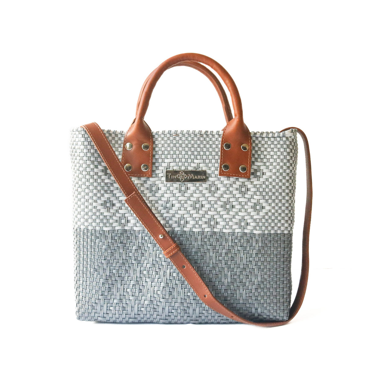 Grey Large Woven Crossbody Bag - Tan Leather