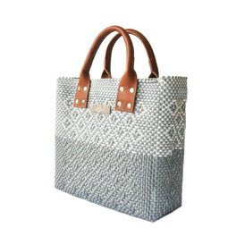 Grey Large Woven Crossbody Bag - Tan Leather