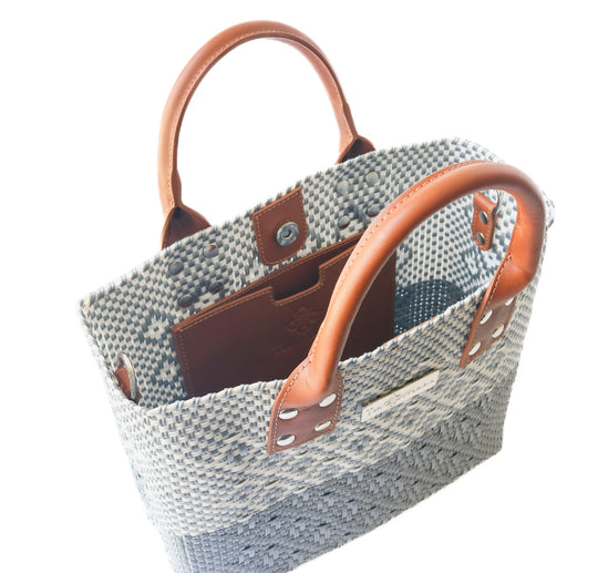 Grey Large Woven Crossbody Bag - Tan Leather