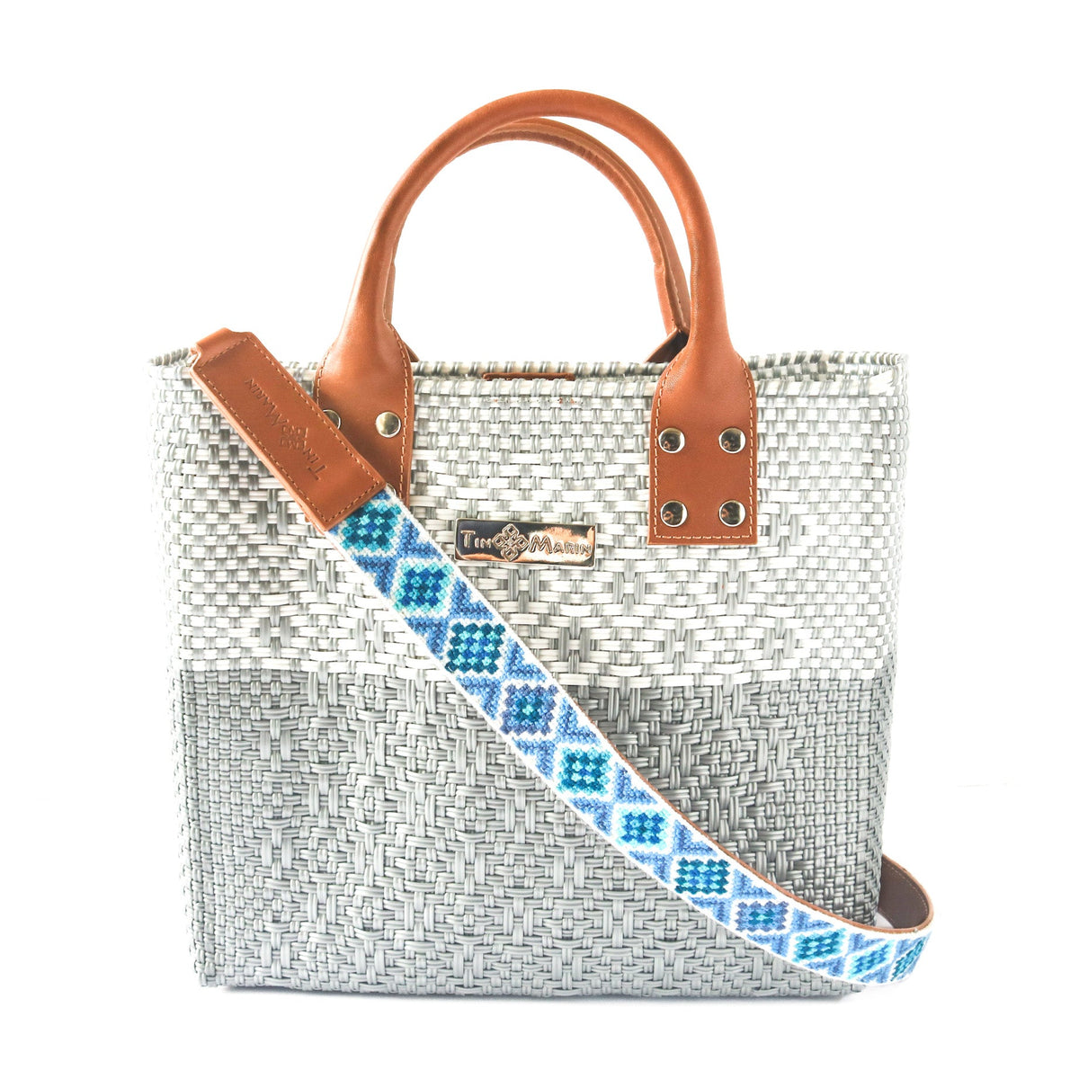 Grey Large Woven Crossbody Bag - Tan Leather