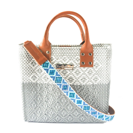 Grey Large Woven Crossbody Bag - Tan Leather