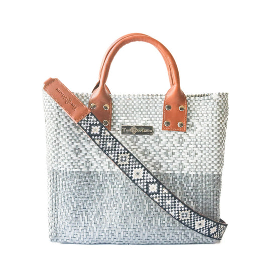 Grey Large Woven Crossbody Bag - Tan Leather