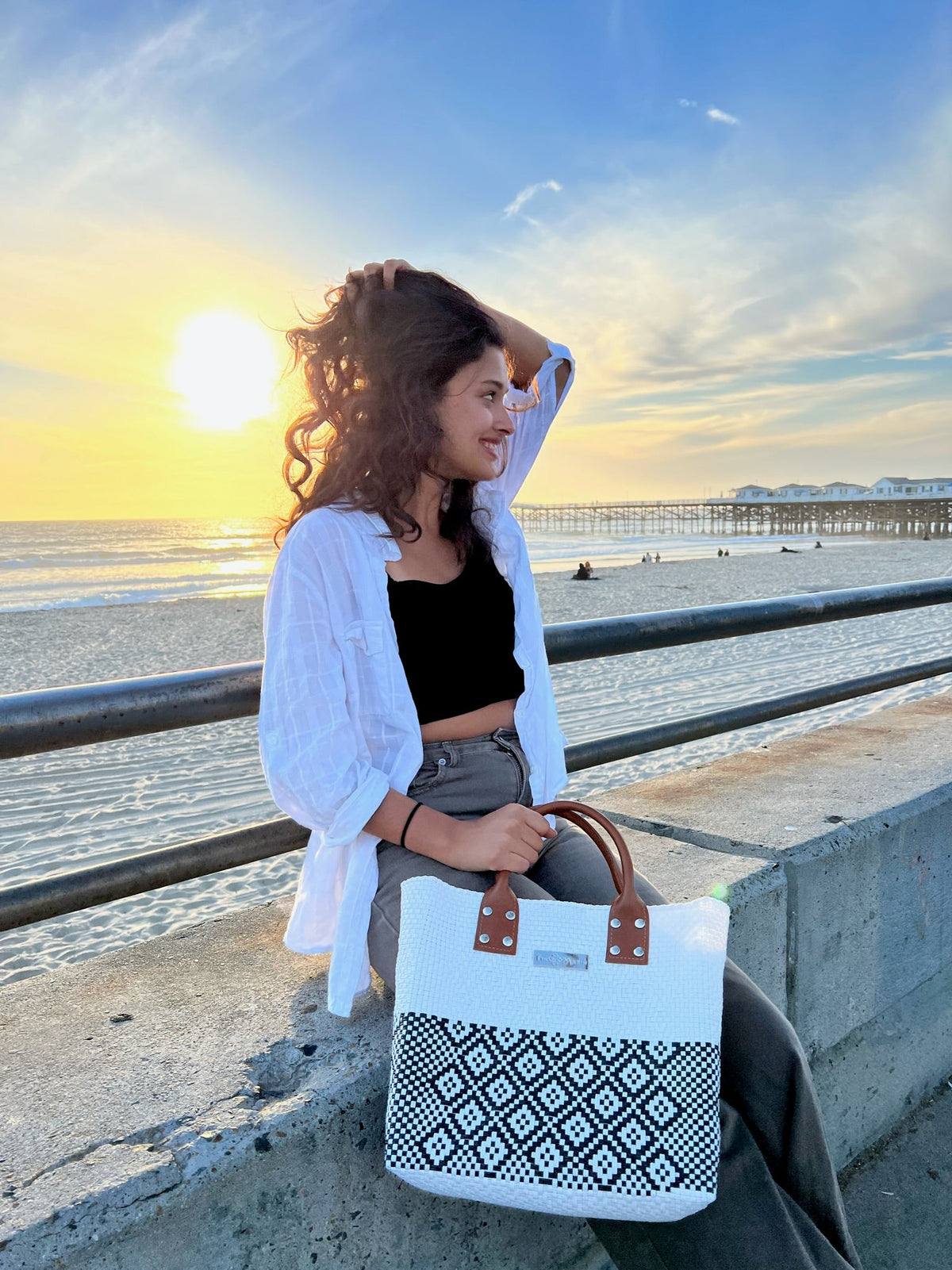 White Large Woven Crossbody Bag - Leather