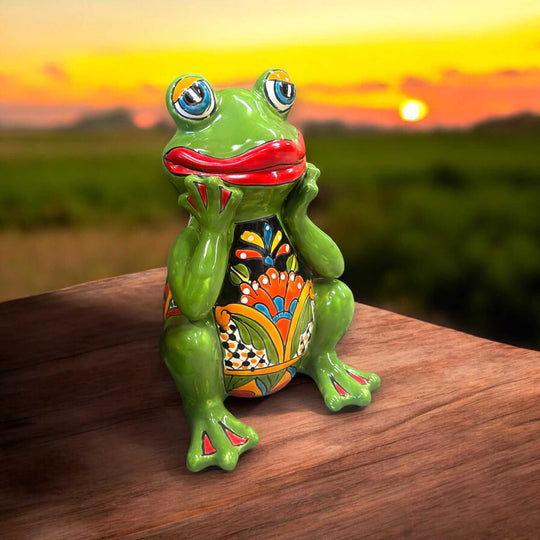 Talavera Frog Statue | Vibrant Hand-Painted Mexican Ceramic Art - hand-painted green ceramic frog with red lips and colorful chest pattern
