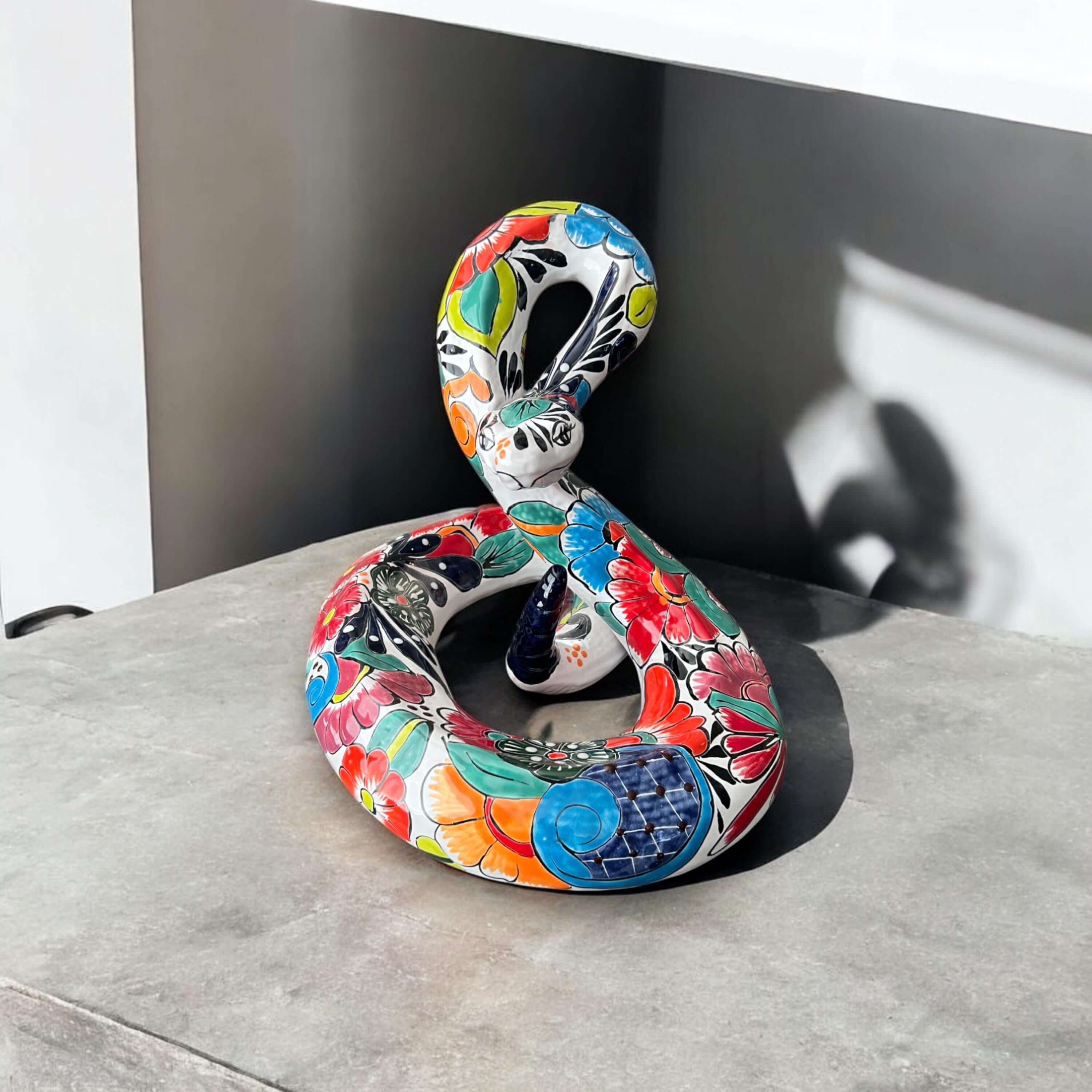White Talavera Snake Statue | Hand-Painted Decor