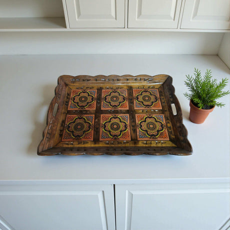 Handcrafted Talavera Tile Serving Tray | Mexican Wooden Tray with six hand-painted orange and yellow floral tiles, scalloped carved wooden handles