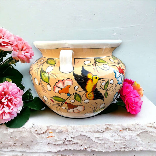 XL Talavera Flower Pot - White & Tan Floral