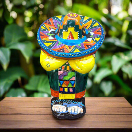 XL Talavera Panchito Statue | Hand-Painted Mexican Pottery Decor - vibrant hand-painted Talavera sleeping man statue with colorful sombrero and glaze