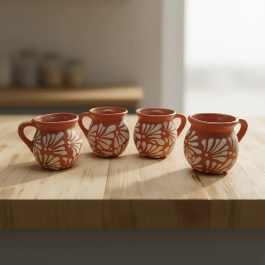 Mexican Clay Jarrito Mug | Handmade Brown Pottery Cup on wooden table