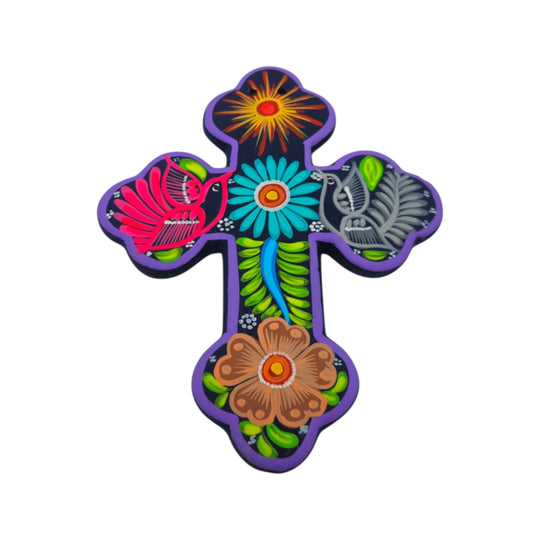 Multicolor ceramic Alebrije cross wall art with floral details and decorative birds