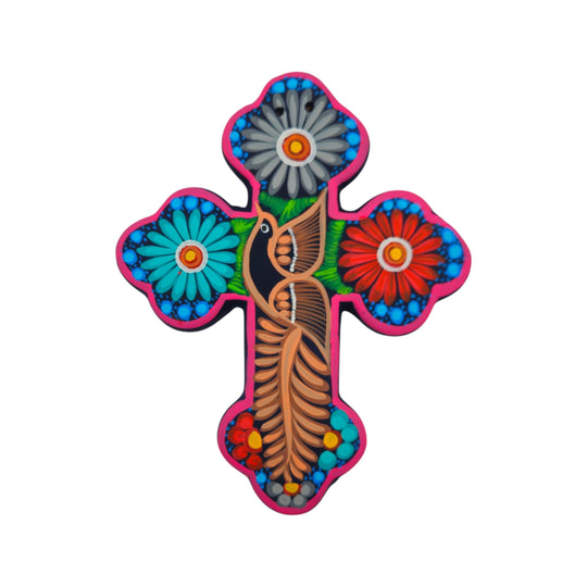 Colorful Alebrije cross wall art with pink border, flowers, and a central bird design