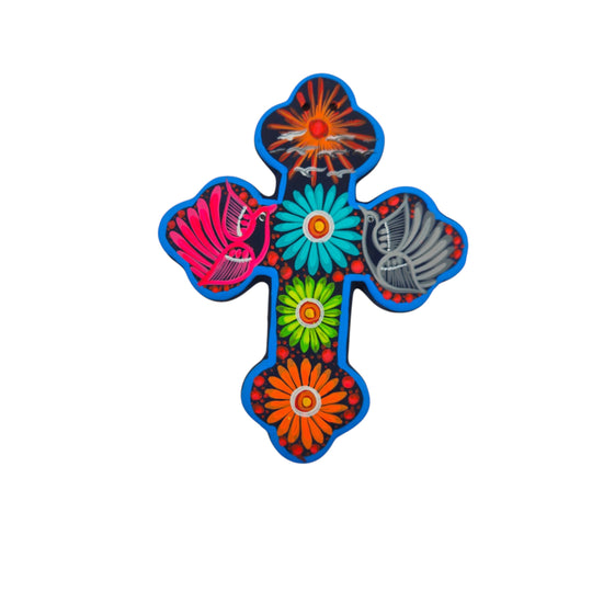Blue-bordered Alebrije cross wall art with bright flowers and decorative bird motifs