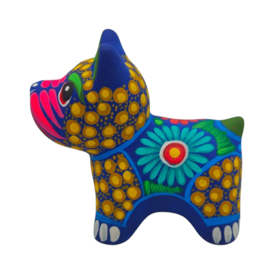 Alebrije Bulldog Figurine | Colorful Floral Design featuring vibrant colors and playful patterns, handcrafted ceramic art.