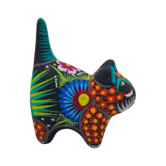 Alebrije Cat Figurine | Hand-Painted Ceramic Artwork showcasing vibrant colors and intricate folk-art designs.