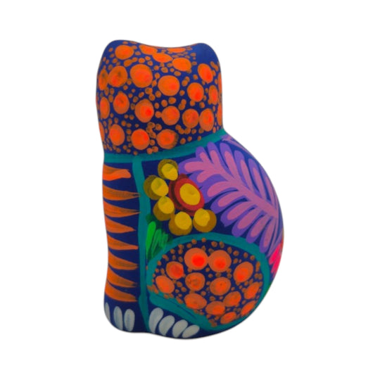 Alebrije Cat Figurine | Hand-Painted Mexican Folk Art - Colorful ceramic cat with vibrant folk-art patterns.