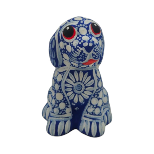 Alebrije Dog Figurine | Hand-Painted Folk Art featuring vibrant blue and white floral designs.