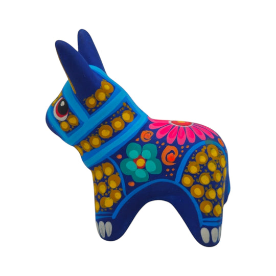 Alebrije Donkey Figurine | Hand-Painted Mexican Folk Art in vibrant blue with colorful designs and details.