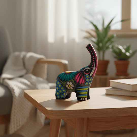 Alebrije elephant figurine displayed on a wooden coffee table