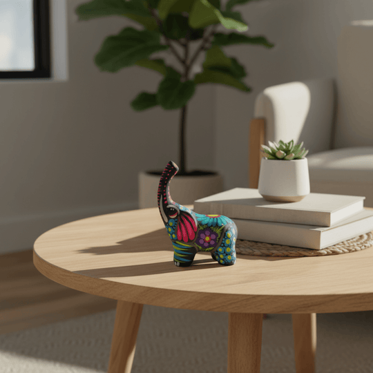 Colorful ceramic Alebrije elephant figurine shown on a round table