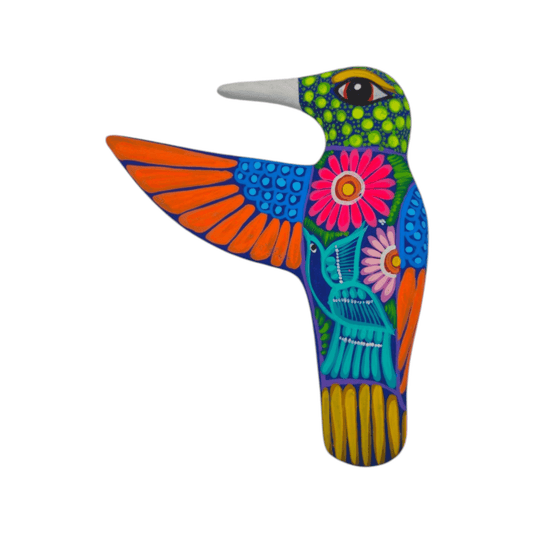Side view of hand-painted ceramic Alebrije hummingbird wall art on a white background