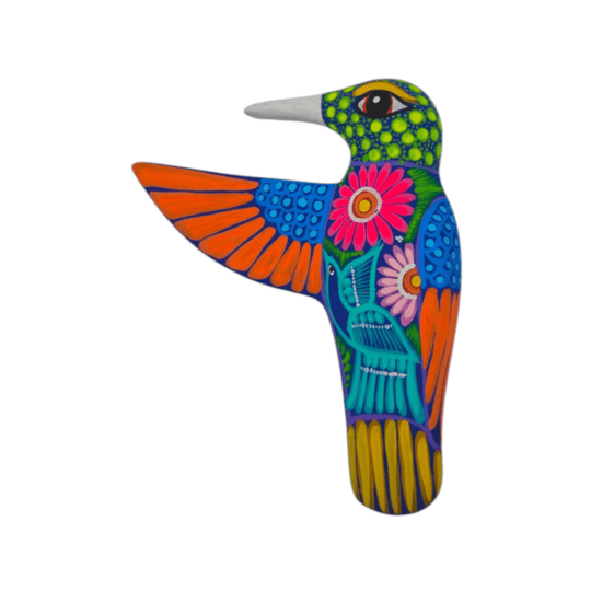 Detailed view of colorful floral and patterned ceramic Alebrije hummingbird wall art