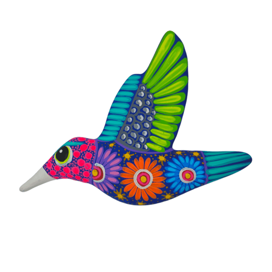 Front view of colorful ceramic Alebrije hummingbird wall art on a white background